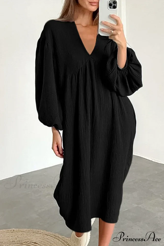 Crepe V Neck Puff Sleeve Loose Dress - Image 16