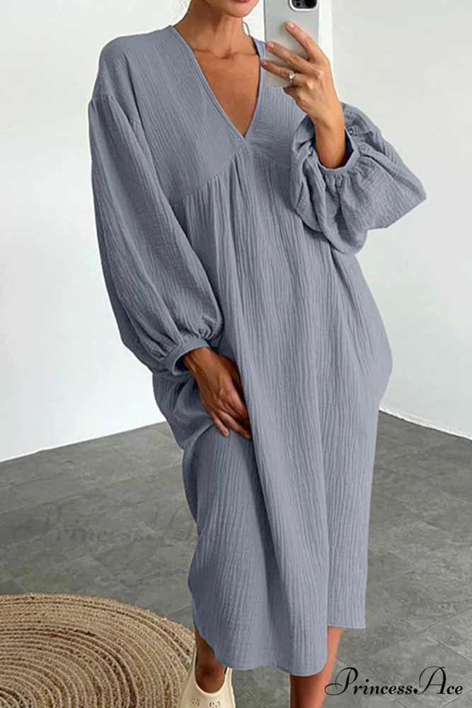 Crepe V Neck Puff Sleeve Loose Dress - Image 17