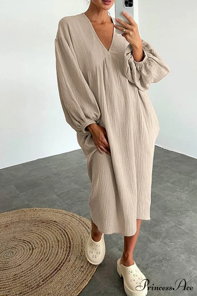 Crepe V Neck Puff Sleeve Loose Dress - Image 18