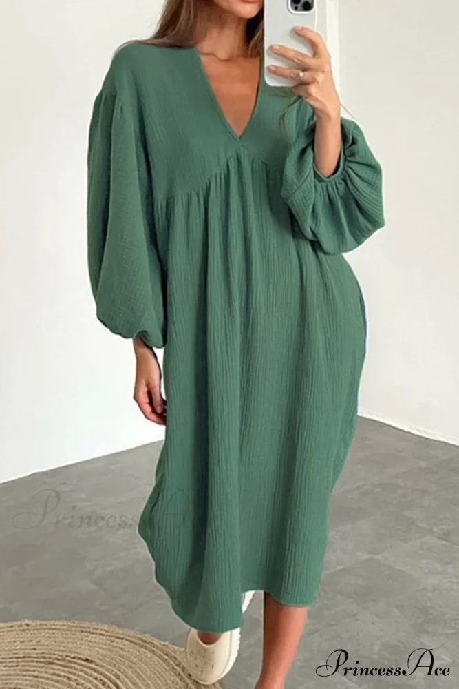 Crepe V Neck Puff Sleeve Loose Dress - Image 19
