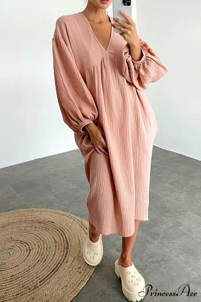 Crepe V Neck Puff Sleeve Loose Dress - Image 2