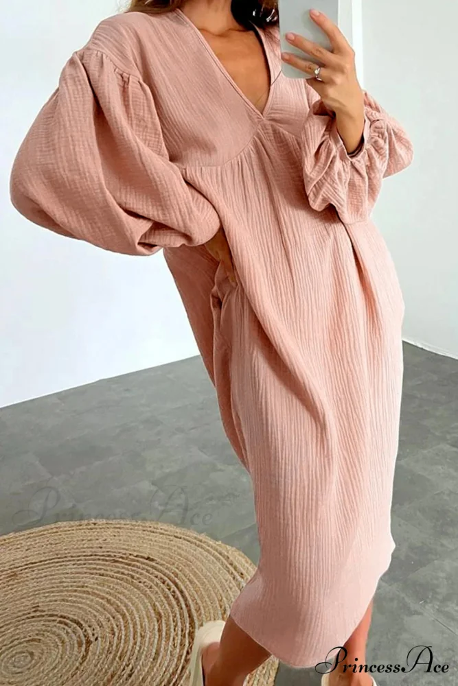 Crepe V Neck Puff Sleeve Loose Dress - Image 3