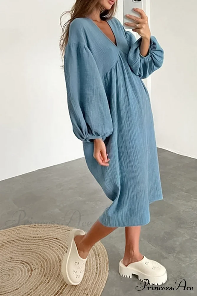 Crepe V Neck Puff Sleeve Loose Dress - Image 8