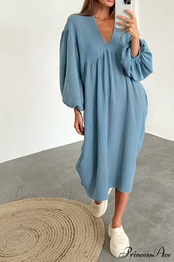 Crepe V Neck Puff Sleeve Loose Dress - Image 9