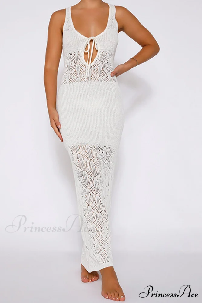 White Crochet Hollow Out Tank Dress with Tie-back - Image 4