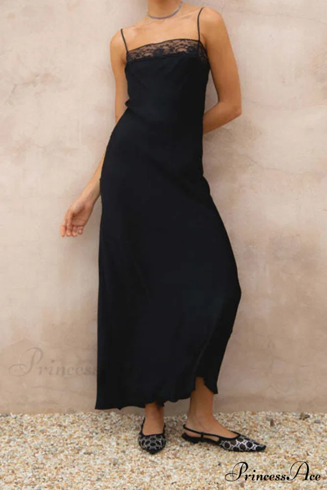Lace Patchwork Cami Dress in Black - Image 3