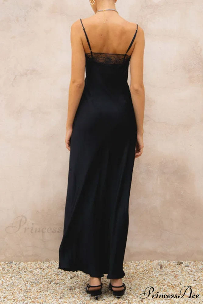 Lace Patchwork Cami Dress in Black - Image 4