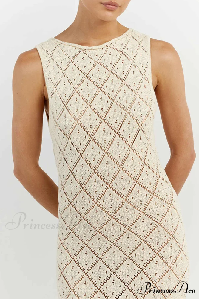 Crochet Hollow Out Knit Tank Dress with Rhombus Pattern - Image 4