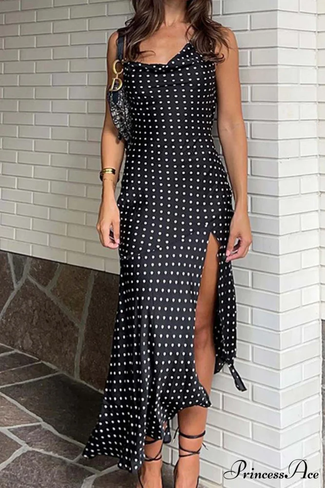 Cowl Neck Slit Dress with Polka Dots - Image 7