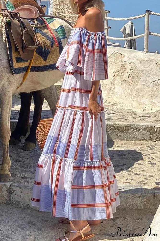 Striped Print Ruffle Sleeve Tiered Dress - Image 2