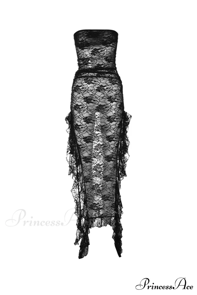 Elegant Black Lace Floral Ribbon Strapless Dress with Slit - Image 7