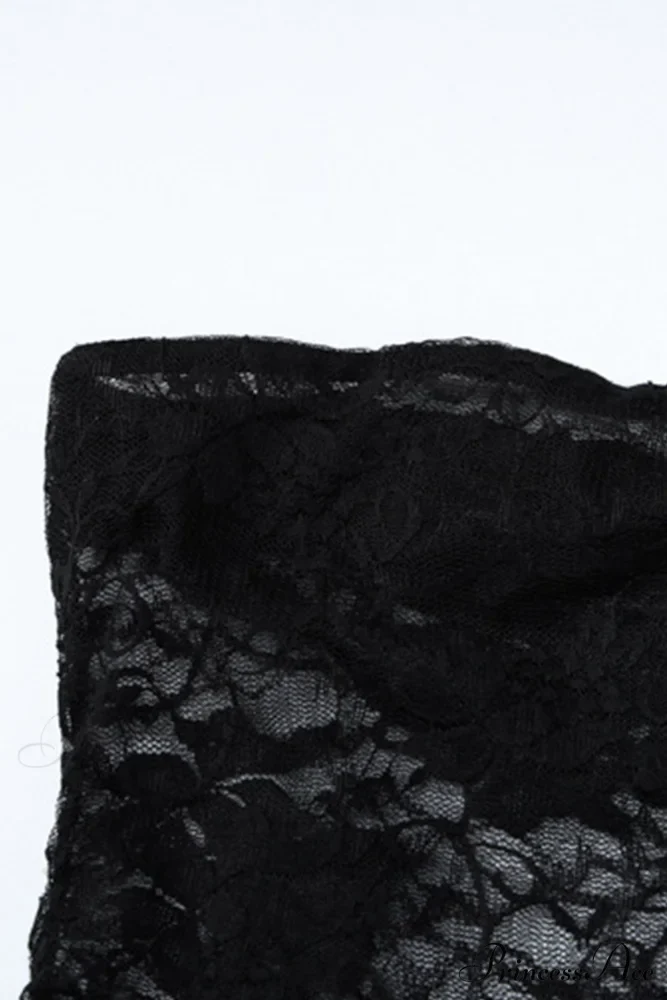 Elegant Black Lace Floral Ribbon Strapless Dress with Slit - Image 8