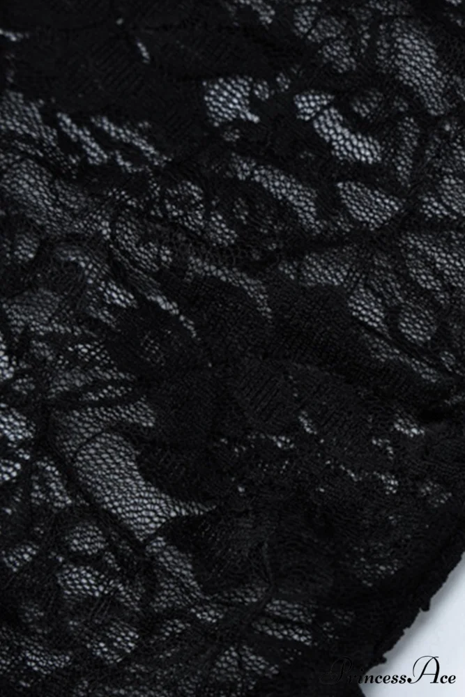 Elegant Black Lace Floral Ribbon Strapless Dress with Slit - Image 9
