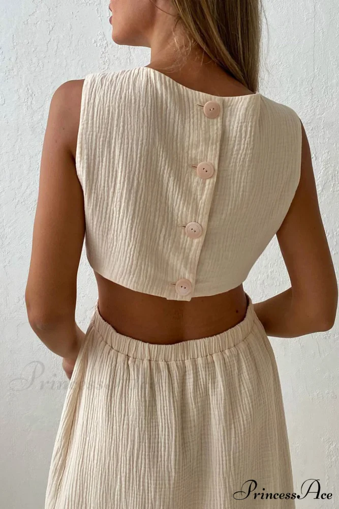 Pleated Tank Dress with Single-breasted Closure and Bare Waist - Image 3