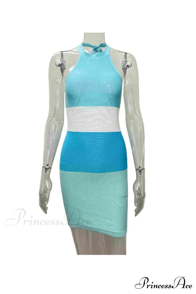 Blue Knit Dress with Tie-back and Contrast Stripes - Image 3