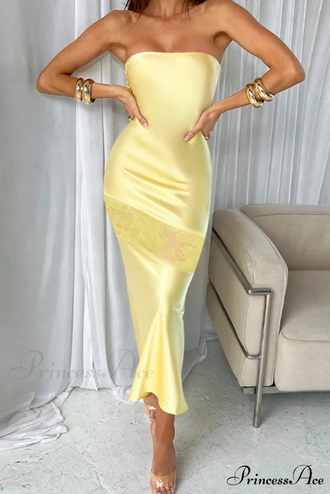 Satin Backless Lace Patchwork Strapless Dress - Image 2