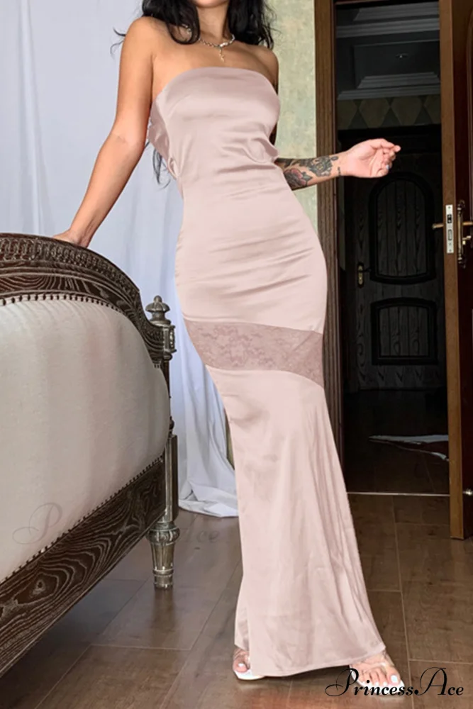 Satin Backless Lace Patchwork Strapless Dress - Image 6