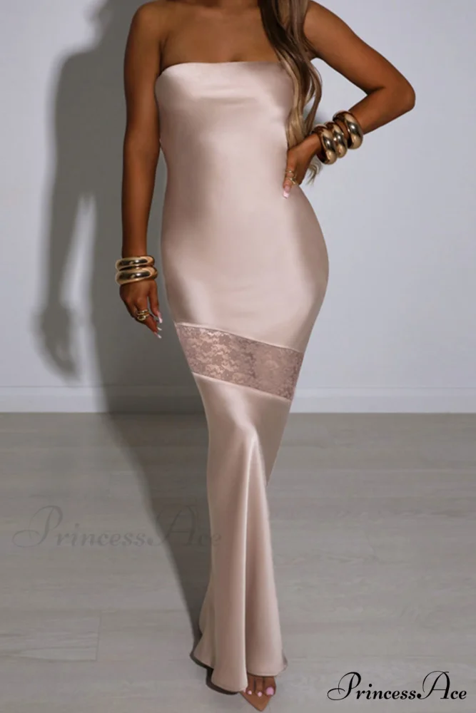 Satin Backless Lace Patchwork Strapless Dress - Image 7