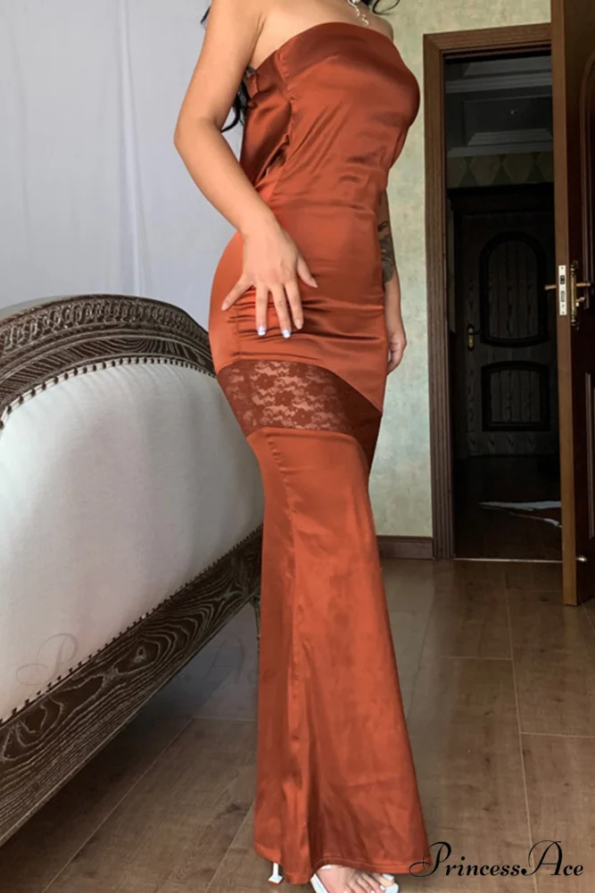 Satin Backless Lace Patchwork Strapless Dress - Image 8