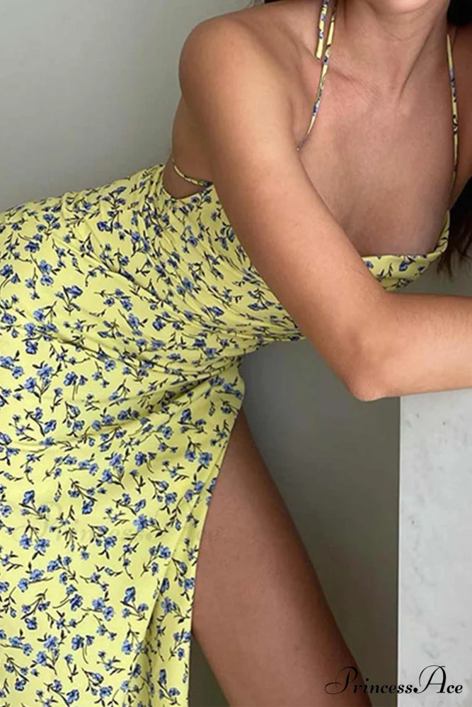 Floral Print Yellow Tie-back Slit Dress - Image 3