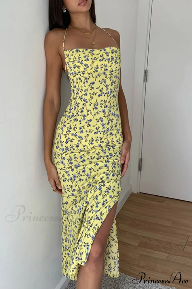 Floral Print Yellow Tie-back Slit Dress - Image 5