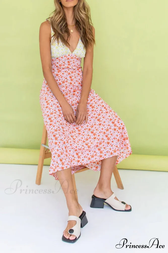 Floral Print V Neck Dress with Contrast Detail and Tie-back - Image 4