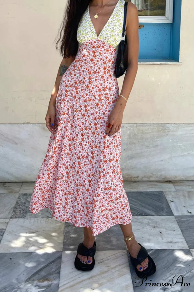 Floral Print V Neck Dress with Contrast Detail and Tie-back - Image 5