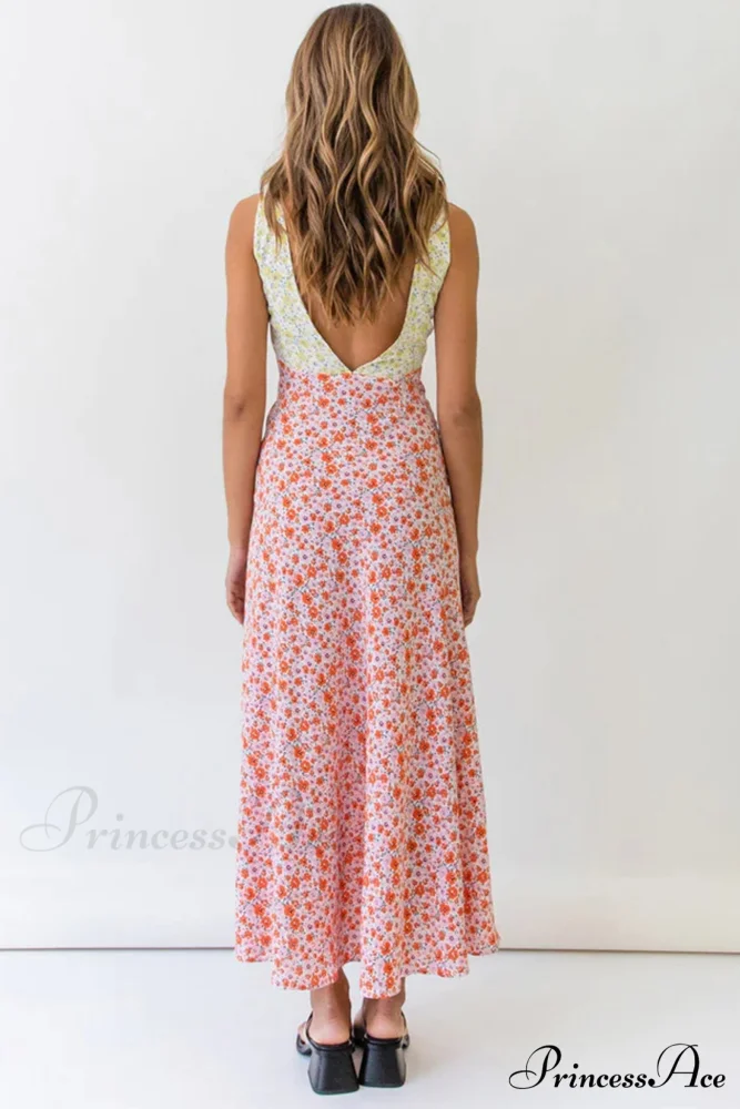 Floral Print V Neck Dress with Contrast Detail and Tie-back - Image 6