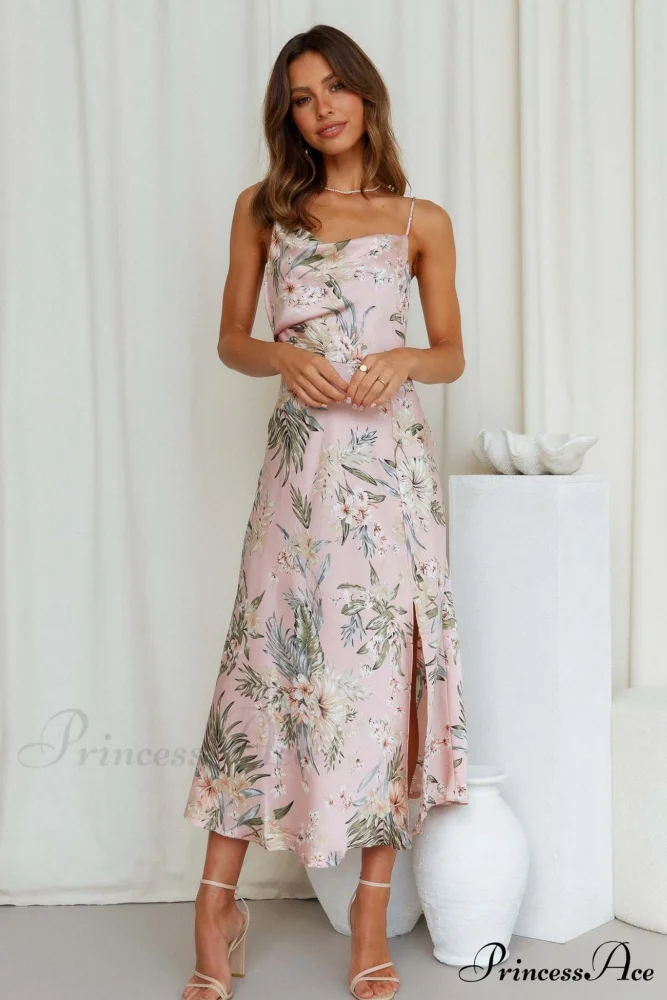 Satin Floral Print Cowl Neck Cami Dress with Slit - Image 11