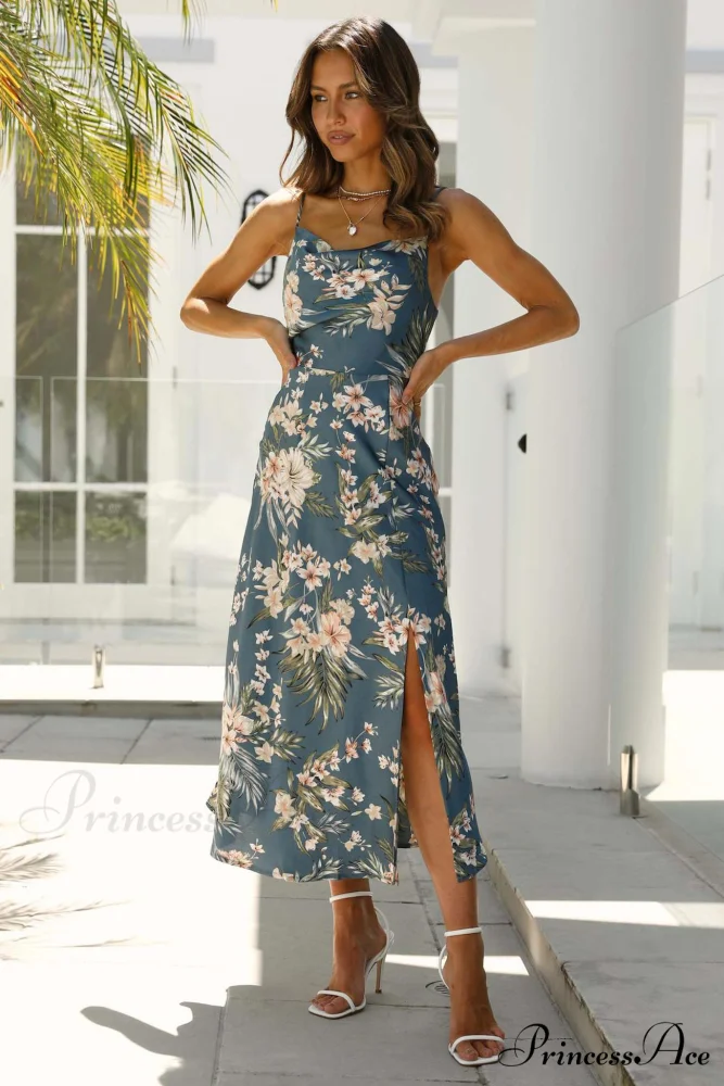 Satin Floral Print Cowl Neck Cami Dress with Slit - Image 16