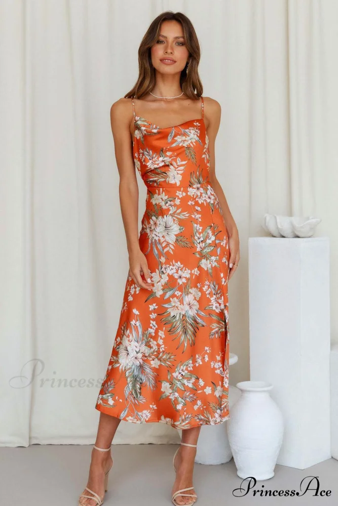 Satin Floral Print Cowl Neck Cami Dress with Slit - Image 2