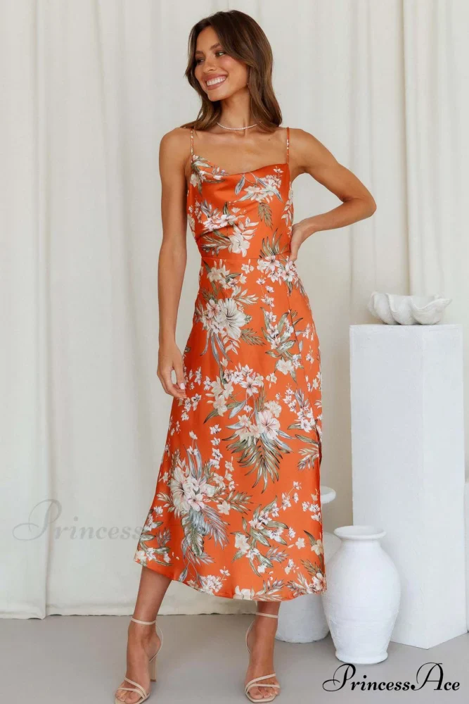 Satin Floral Print Cowl Neck Cami Dress with Slit - Image 3