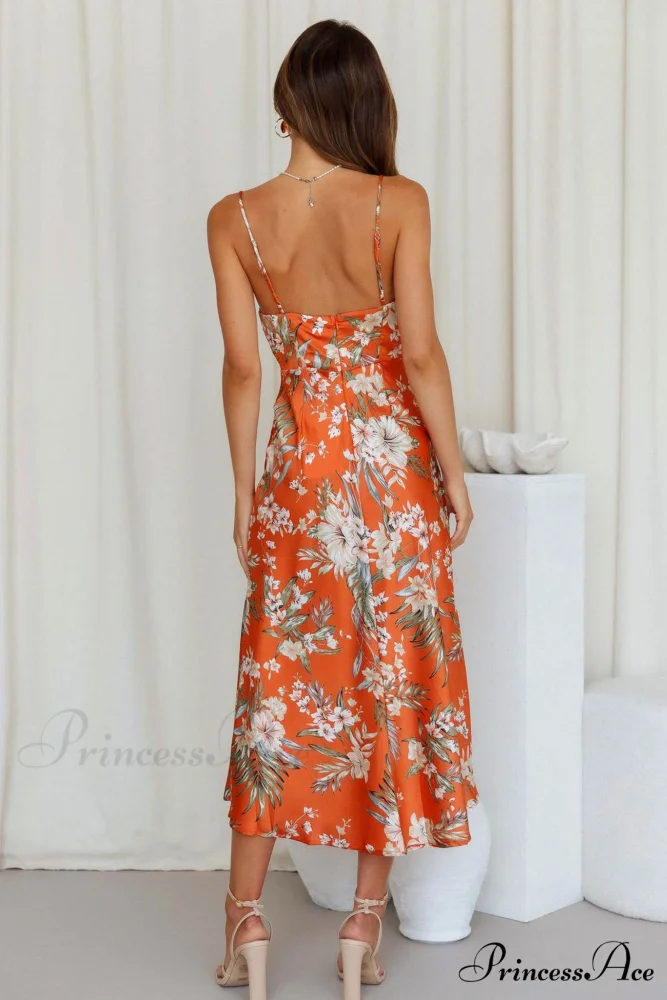 Satin Floral Print Cowl Neck Cami Dress with Slit - Image 4