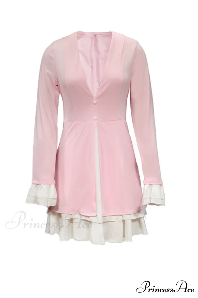 V Neck Ruffle Dress with Fake Two-Piece Design - Image 3