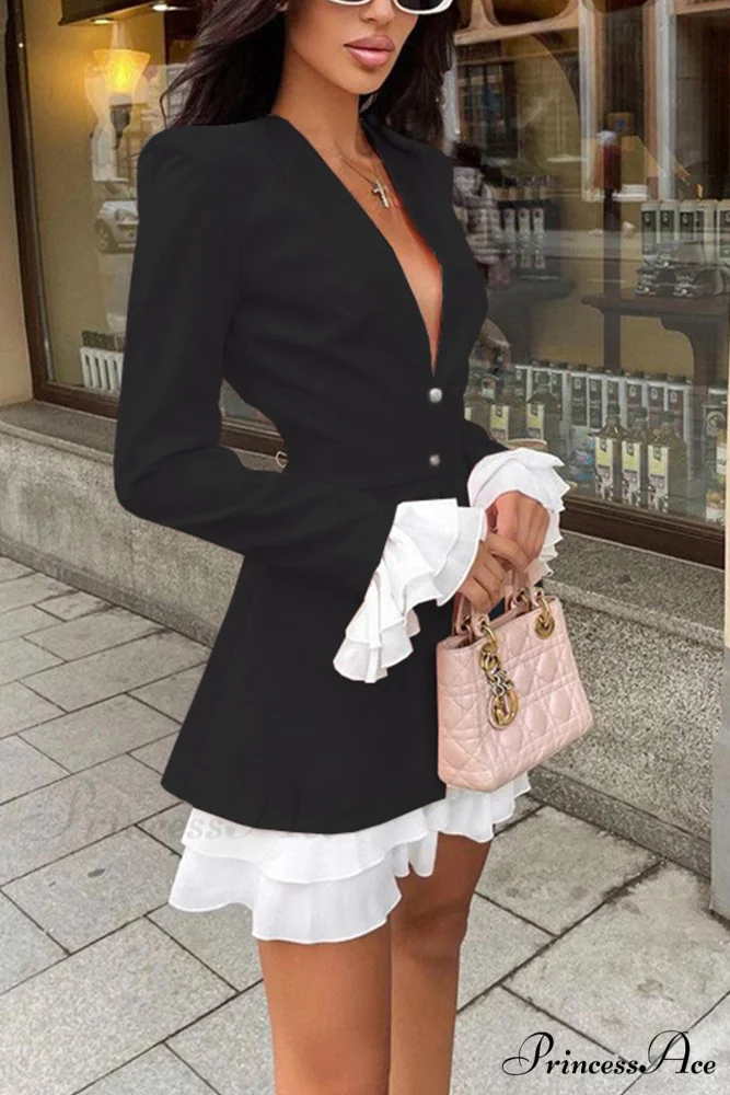 V Neck Ruffle Dress with Fake Two-Piece Design - Image 6
