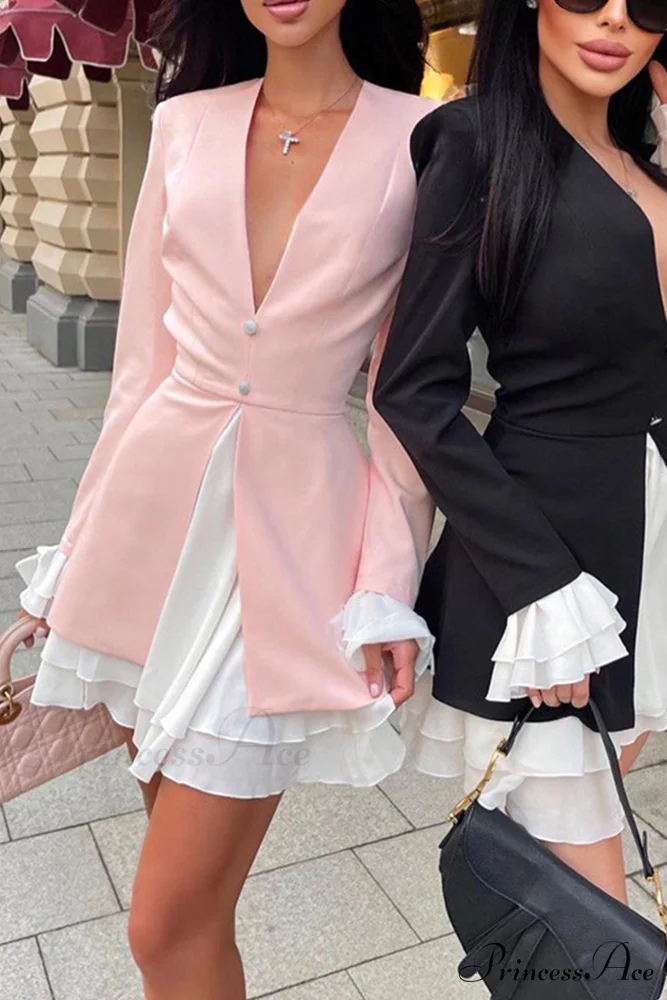 V Neck Ruffle Dress with Fake Two-Piece Design - Image 7
