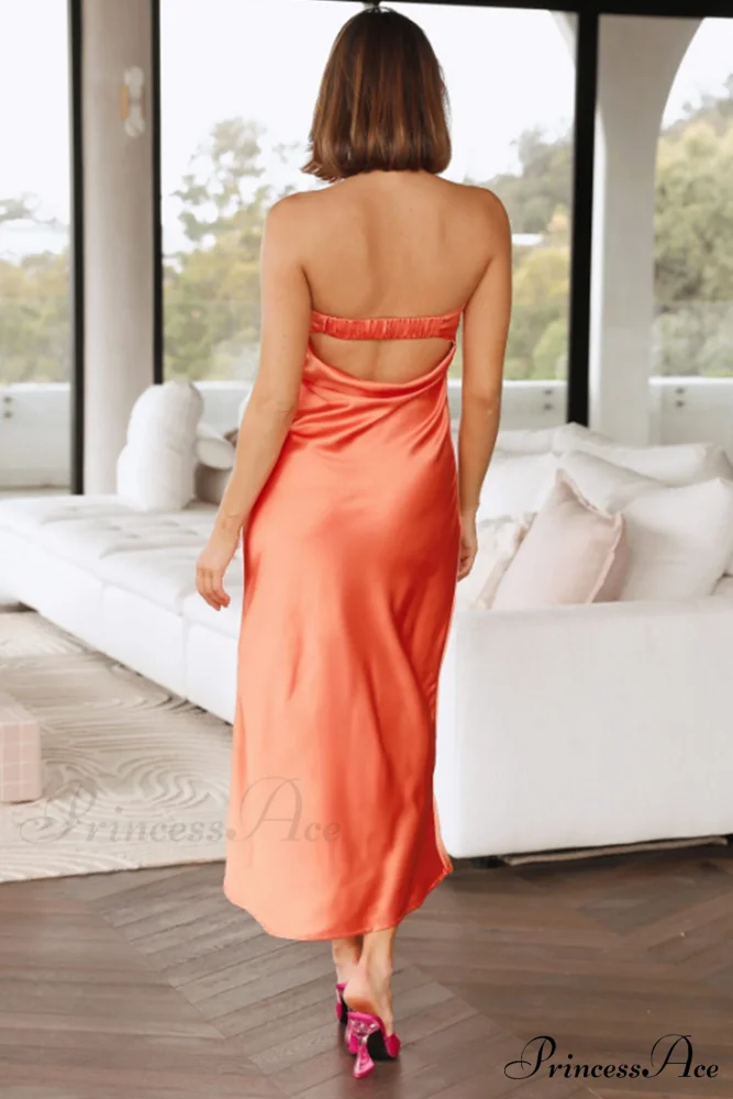 Solid Color Satin Strapless Midi Dress - Image 14