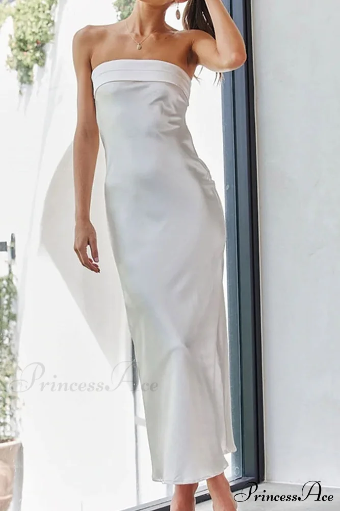 Solid Color Satin Strapless Midi Dress - Image 15
