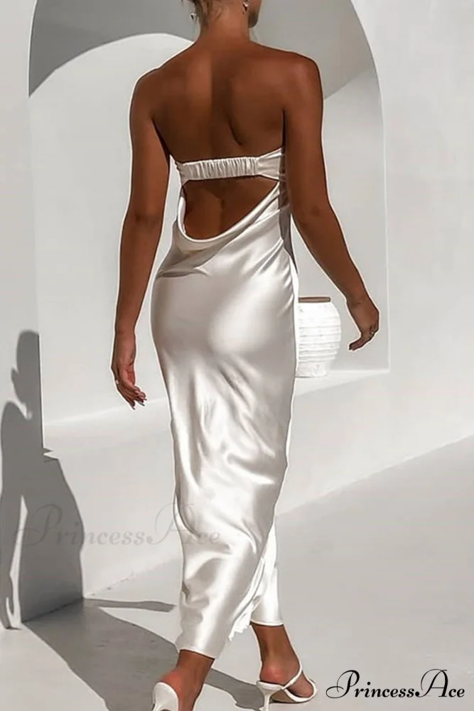 Solid Color Satin Strapless Midi Dress - Image 17