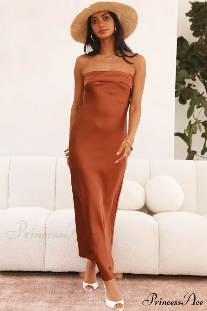Solid Color Satin Strapless Midi Dress - Image 18