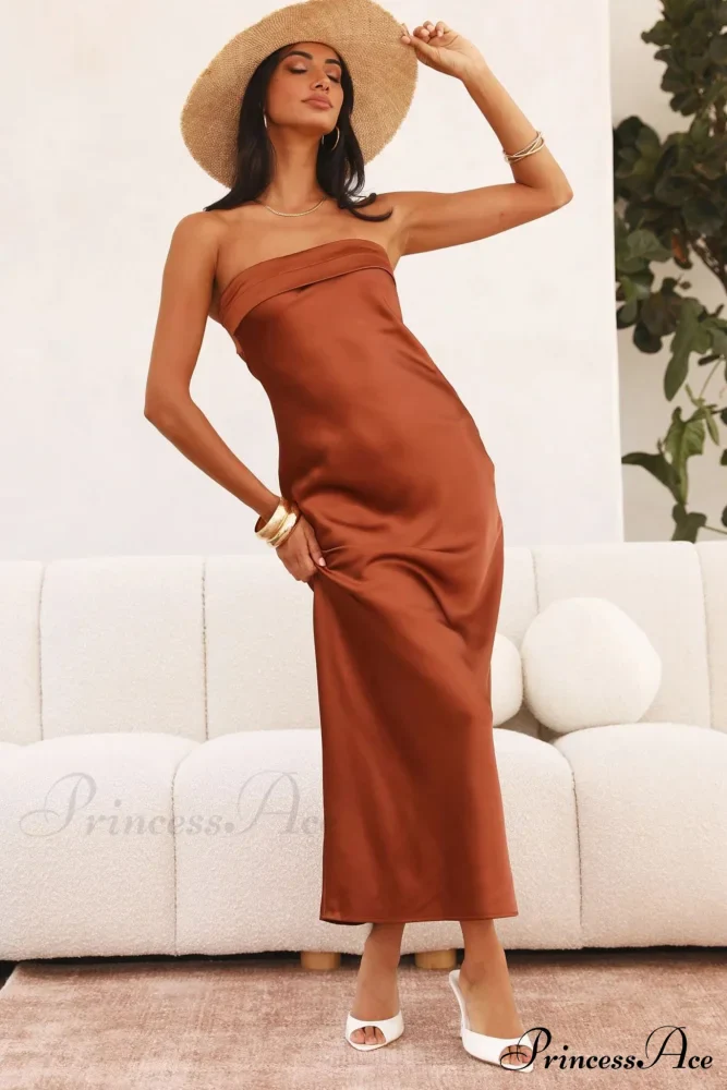Solid Color Satin Strapless Midi Dress - Image 19
