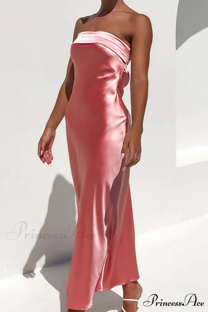 Solid Color Satin Strapless Midi Dress - Image 3