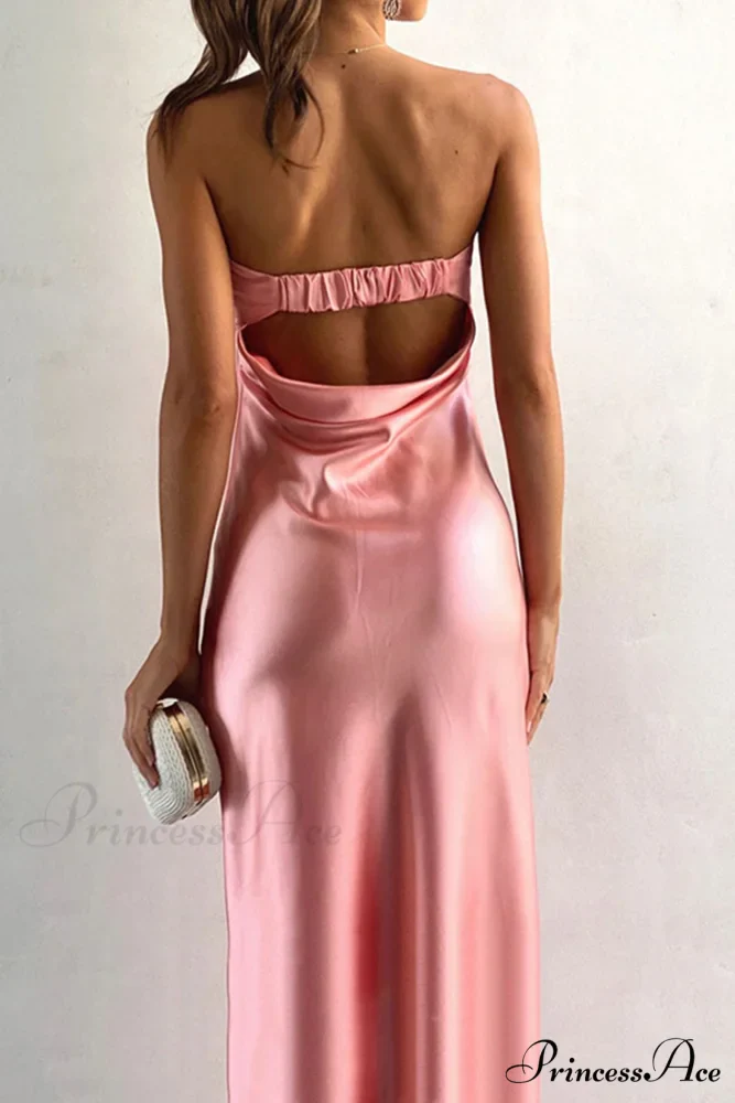 Solid Color Satin Strapless Midi Dress - Image 5