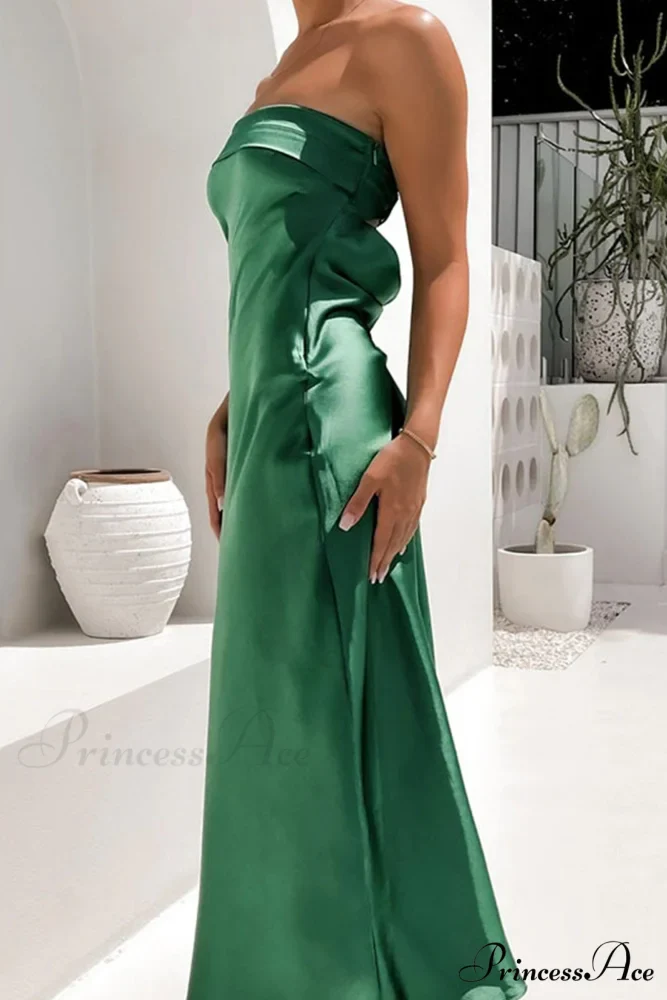 Solid Color Satin Strapless Midi Dress - Image 7