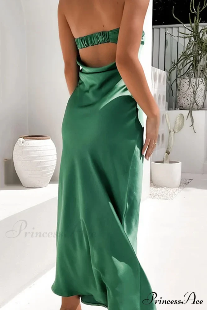 Solid Color Satin Strapless Midi Dress - Image 8