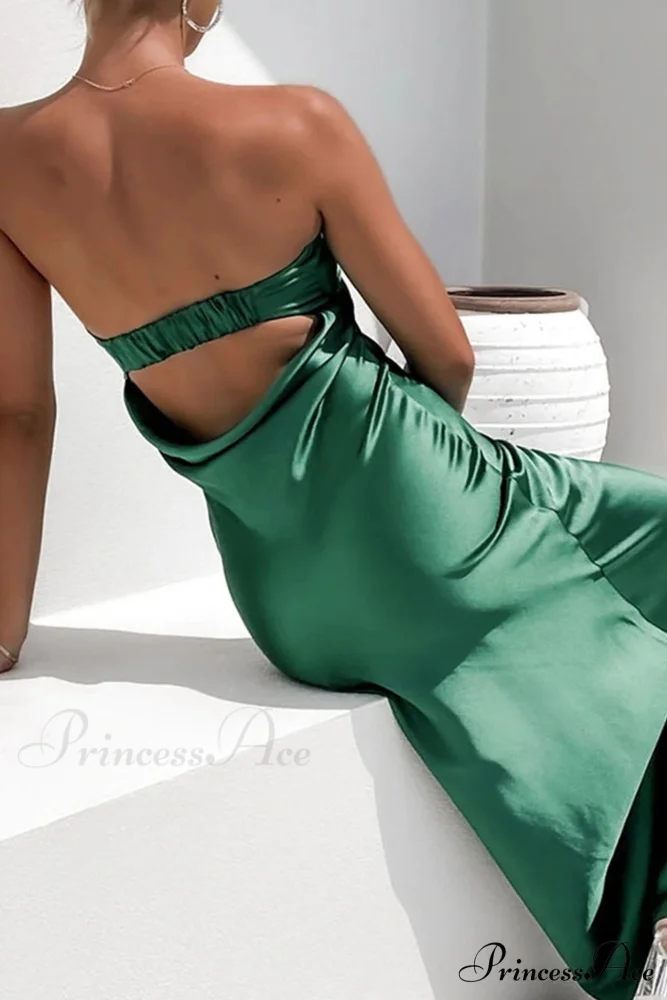 Solid Color Satin Strapless Midi Dress - Image 9
