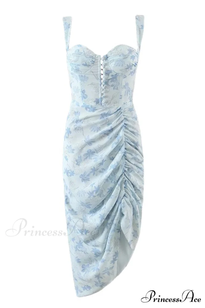 Floral Print Blue Corset Ruched Split Dress - Image 7