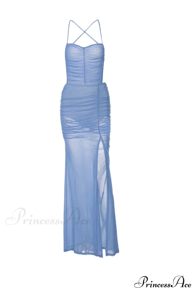 Blue Backless Side Split Dress with Ruched Detail - Image 5