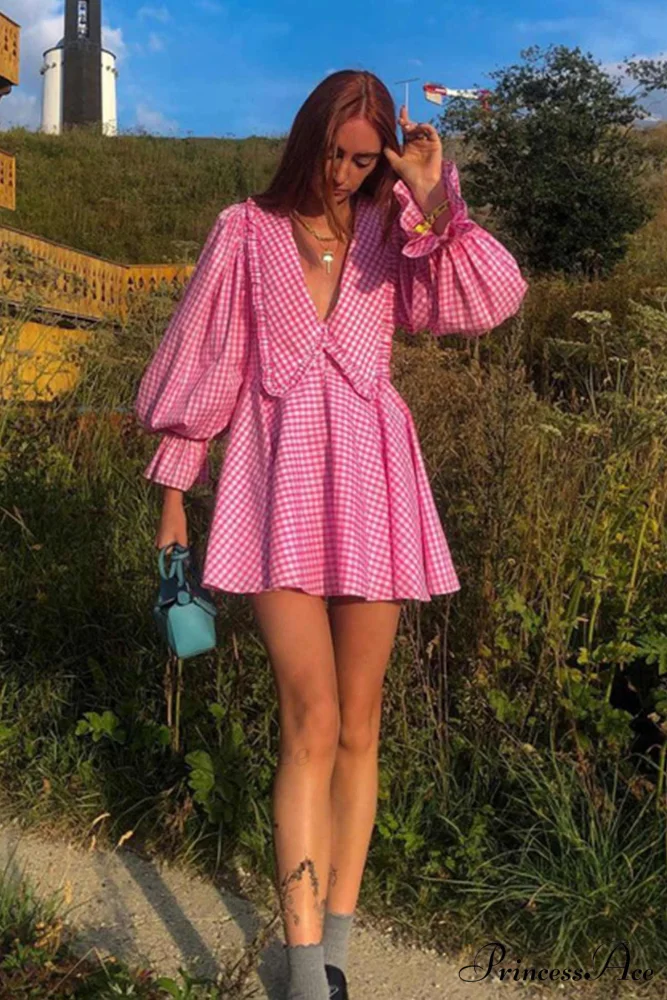 Pink Plaid A-Line Babydoll Dress with Lapel - Image 2