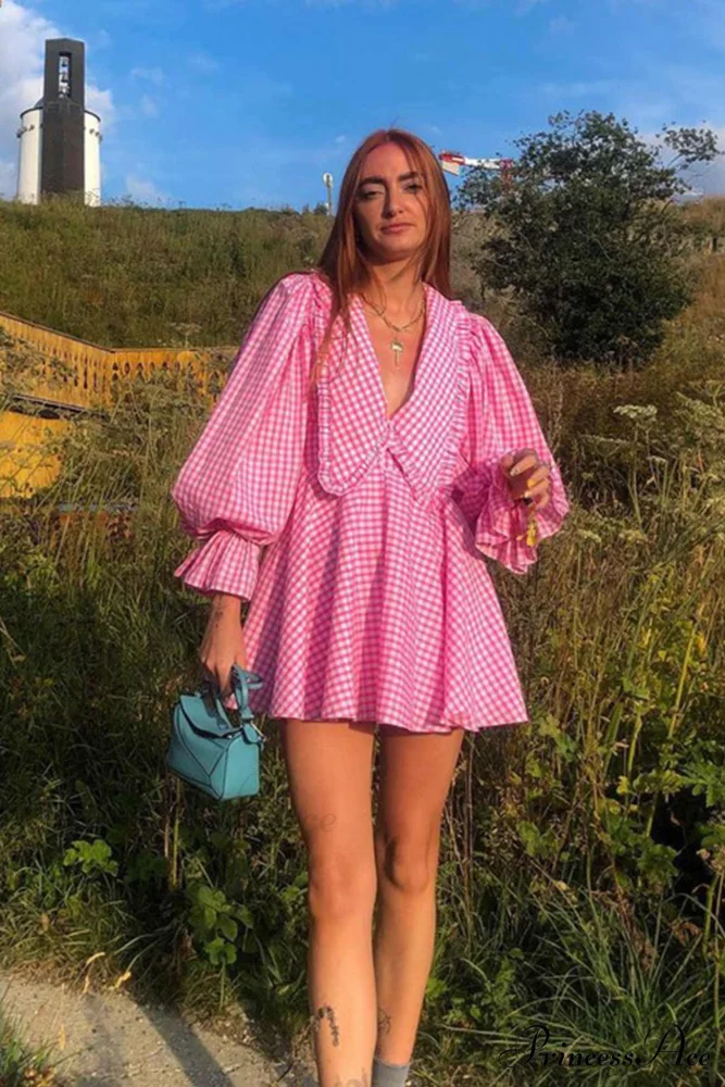Pink Plaid A-Line Babydoll Dress with Lapel - Image 3